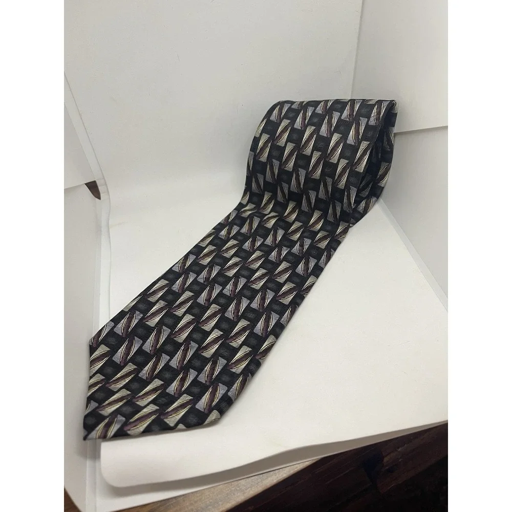 XMI Mens Silk Tie Geometric Black Purple Silver‎ Handmade USA Wide Necktie 59x4